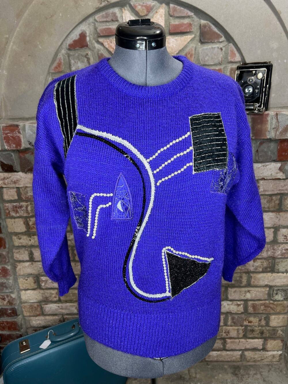 sweater vintage 1980s geometric beads purple black cream